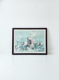 16 x 20” Signed Mid-Century Modern Cityscape Painting with Vintage Frame