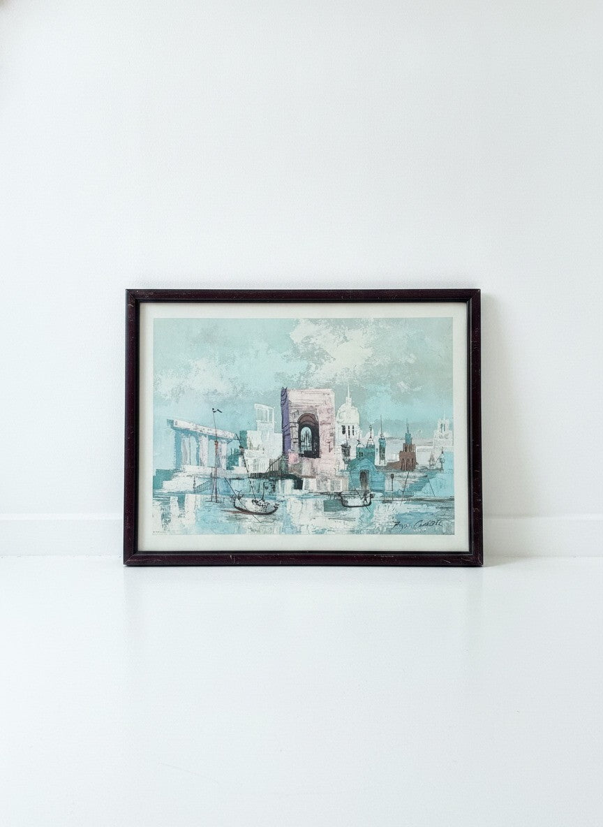 16 x 20” Signed Mid-Century Modern Cityscape Painting with Vintage Frame