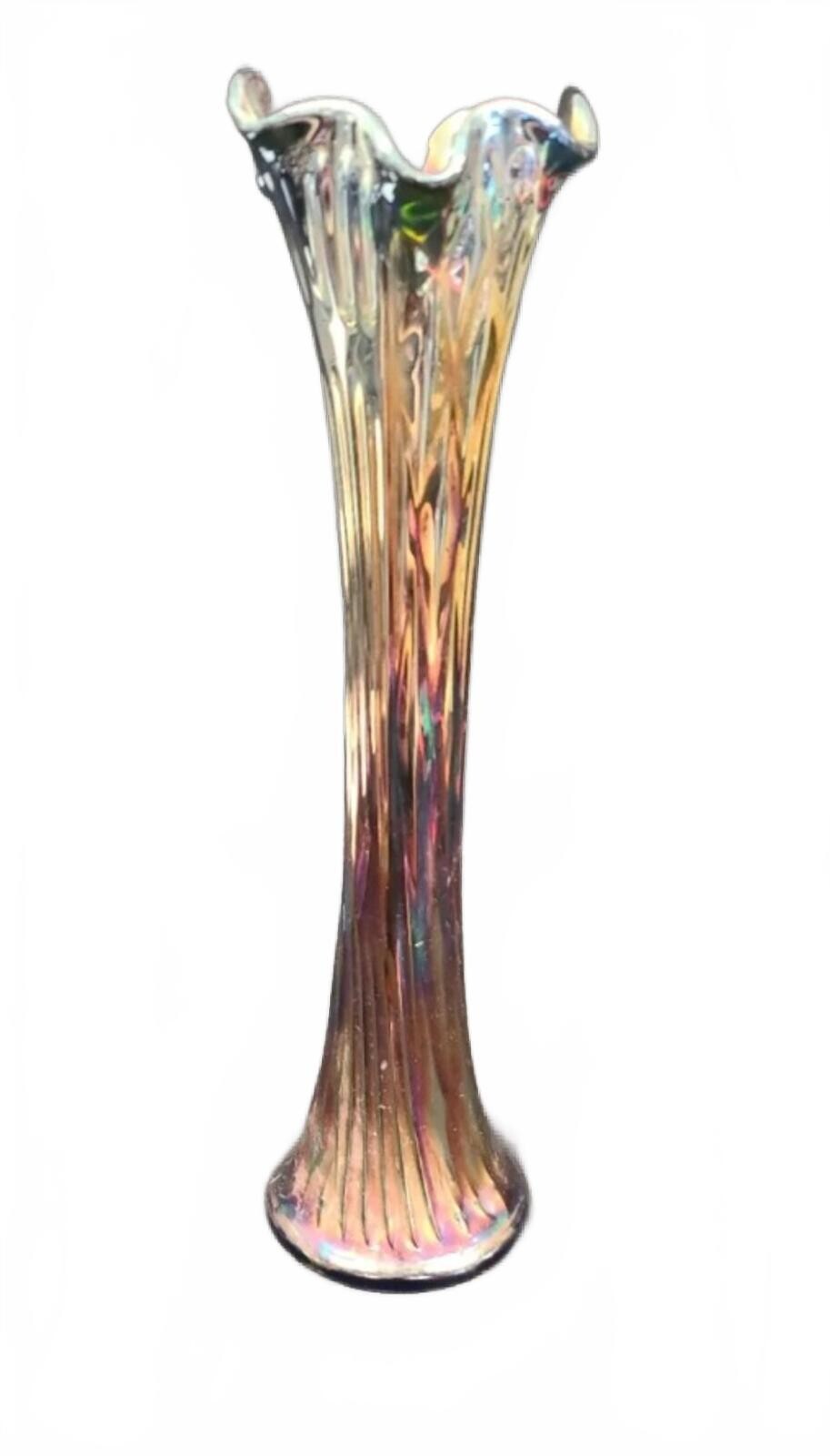 Vintage Tall Iridescent Carnival Glass Vase with Fluted Rim