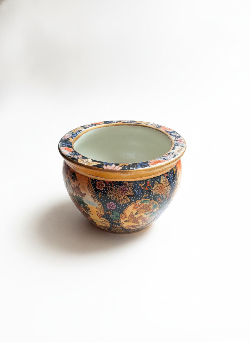 Vintage Japanese Satsuma Miniature Fishbowl Planter with Figural Scene
