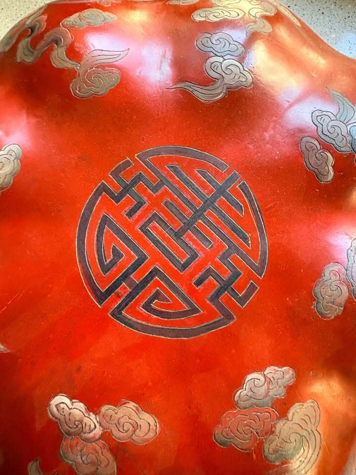 Vintage Asian Red Handpainted Lacquered Decorative Box with Cloud Symbol Motifs