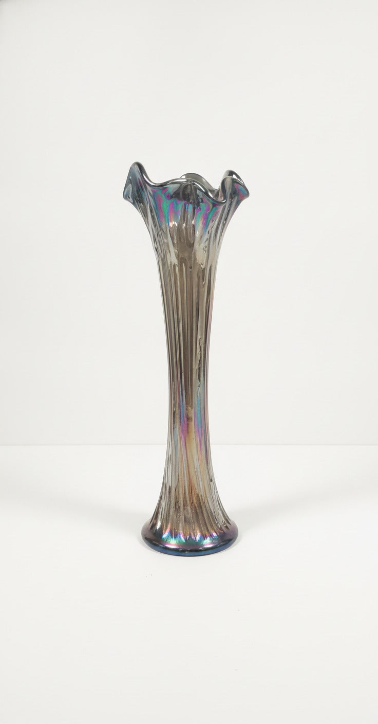 Vintage Tall Iridescent Carnival Glass Vase with Fluted Rim