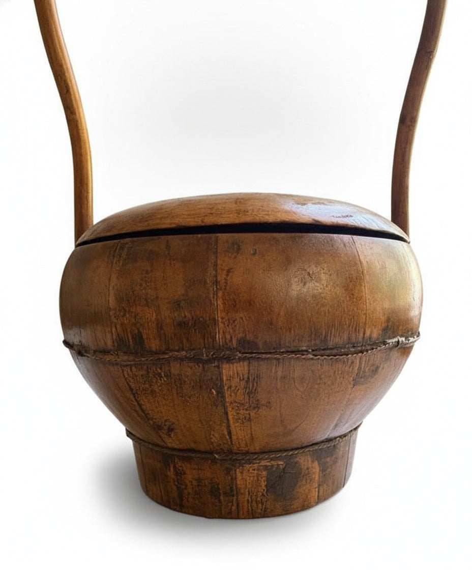 Asian Elm Wood Rice Bowl with Handle and Lid