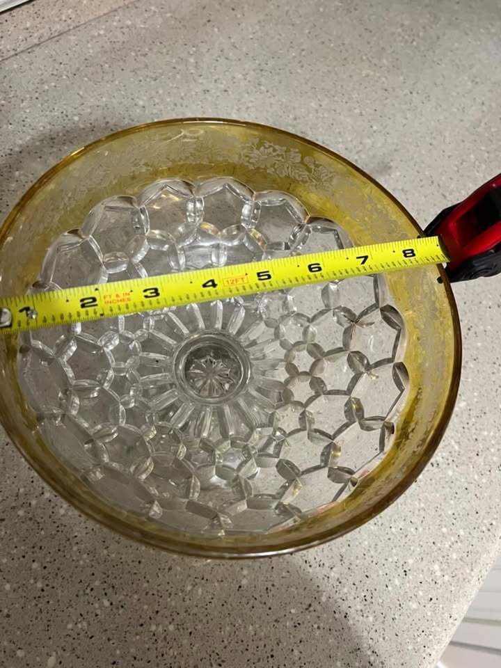 Clear Crystal Vintage Glass Pedestal Dish Yellow Rimmed Rare