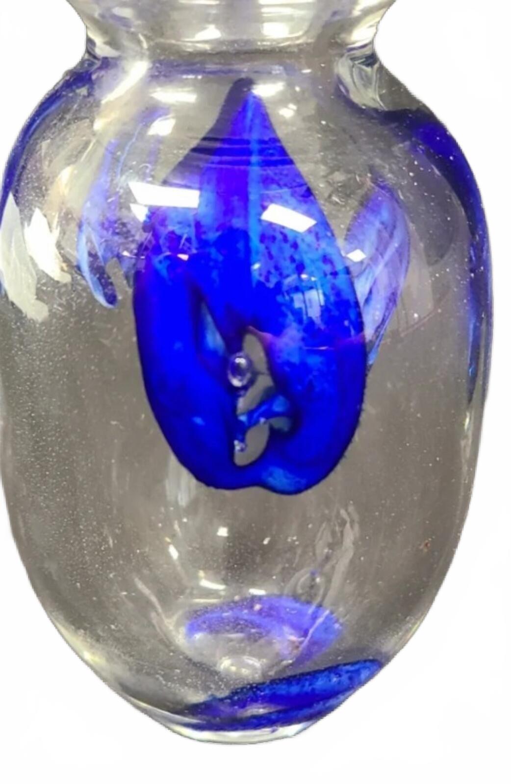 Original Signed 1977 Clear Murano-Style Glass Vase with Blue Floral Inclusions