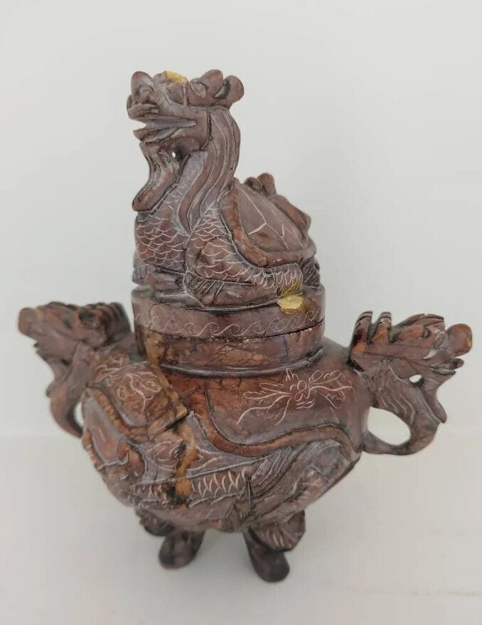 Vintage Carved Wood Dragon Incense Burner Censer with Lid