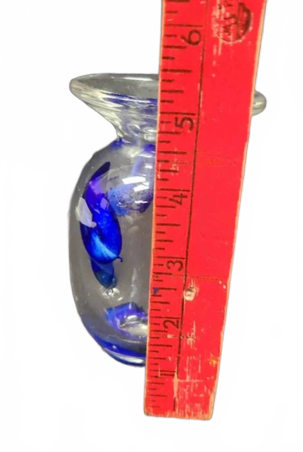 Original Signed 1977 Clear Murano-Style Glass Vase with Blue Floral Inclusions
