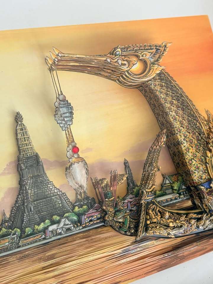 Vintage Thai Royal Barges 3D Art Print Framed Illustration with Cultural Text