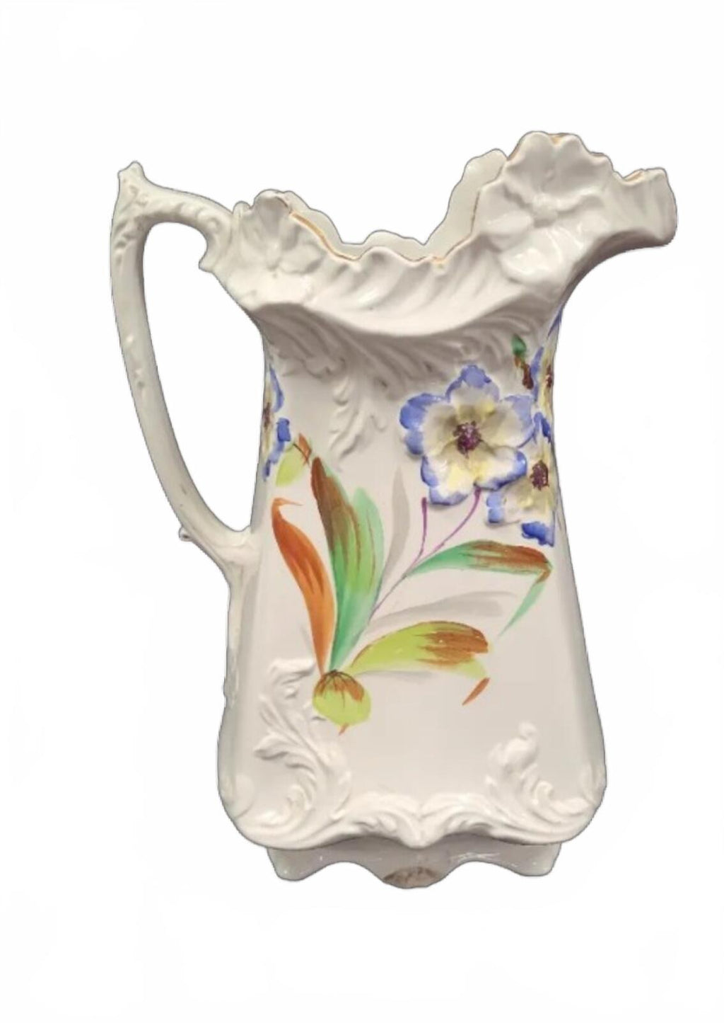 Vintage Ceramic Pitcher with Hand-Painted Floral Design and Scalloped Rim