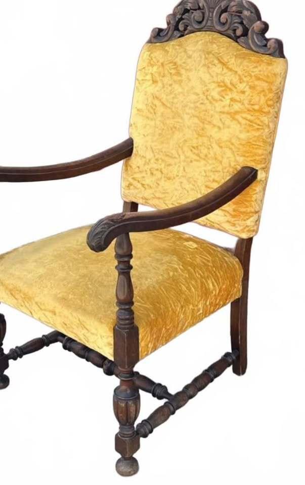 Vintage Upholstered Armchair with Carved Wood Frame and Yellow Velvet Fabric