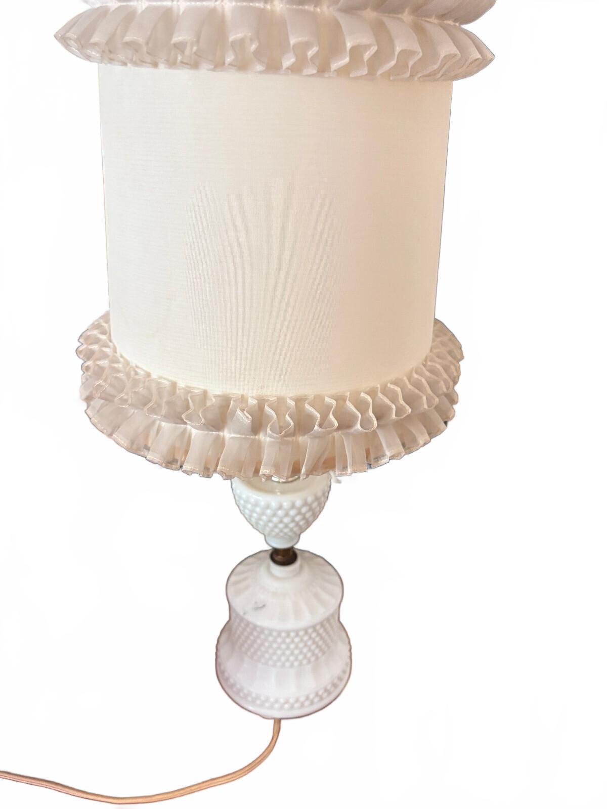 Mid Century Modern Milk Glass Table Lamps with Ruffled Silk Shades