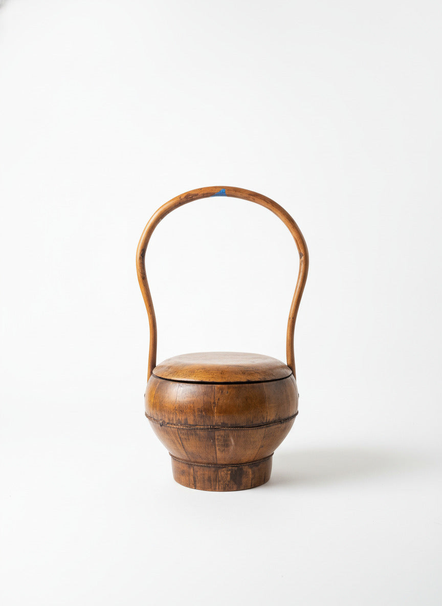 Asian Elm Wood Rice Bowl with Handle and Lid