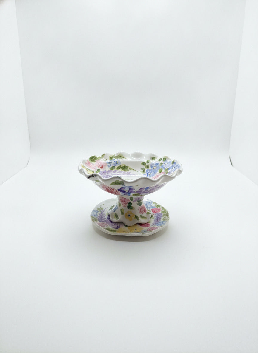 Tabletops Gallery Jardine Hand Painted Ceramic Pedestal Bowl and Plate Set