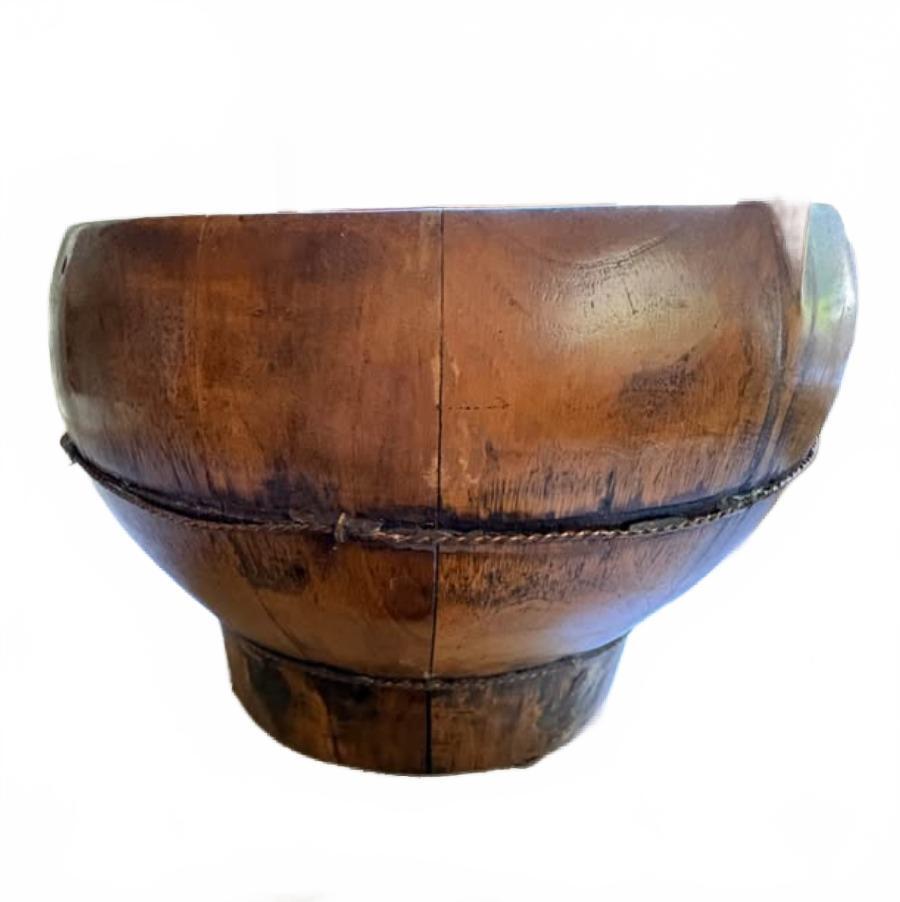 Asian Elm Wood Rice Bowl with Handle and Lid