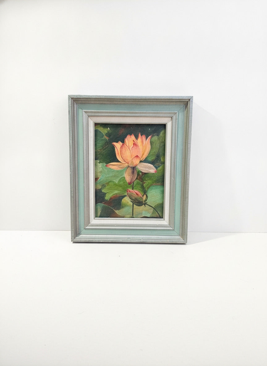 Vintage 11x14 Water Lily Floral Painting Framed Botanical Art