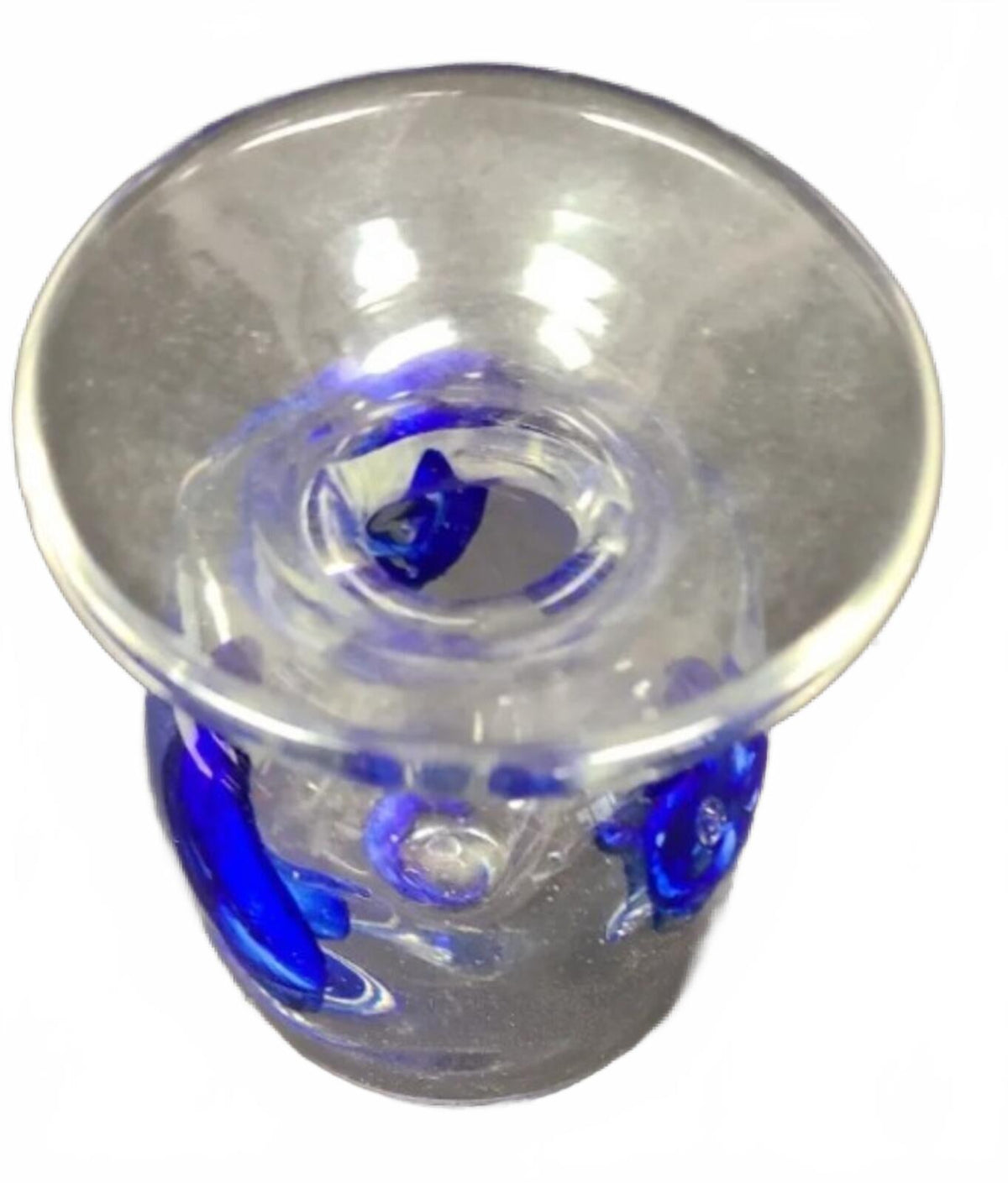 Original Signed 1977 Clear Murano-Style Glass Vase with Blue Floral Inclusions