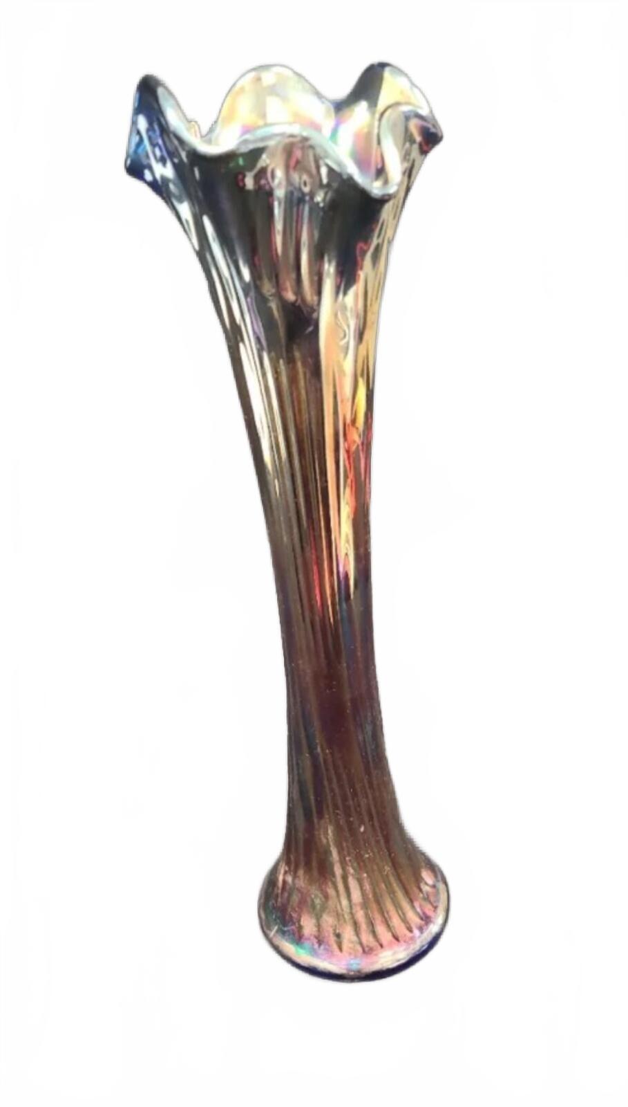 Vintage Tall Iridescent Carnival Glass Vase with Fluted Rim