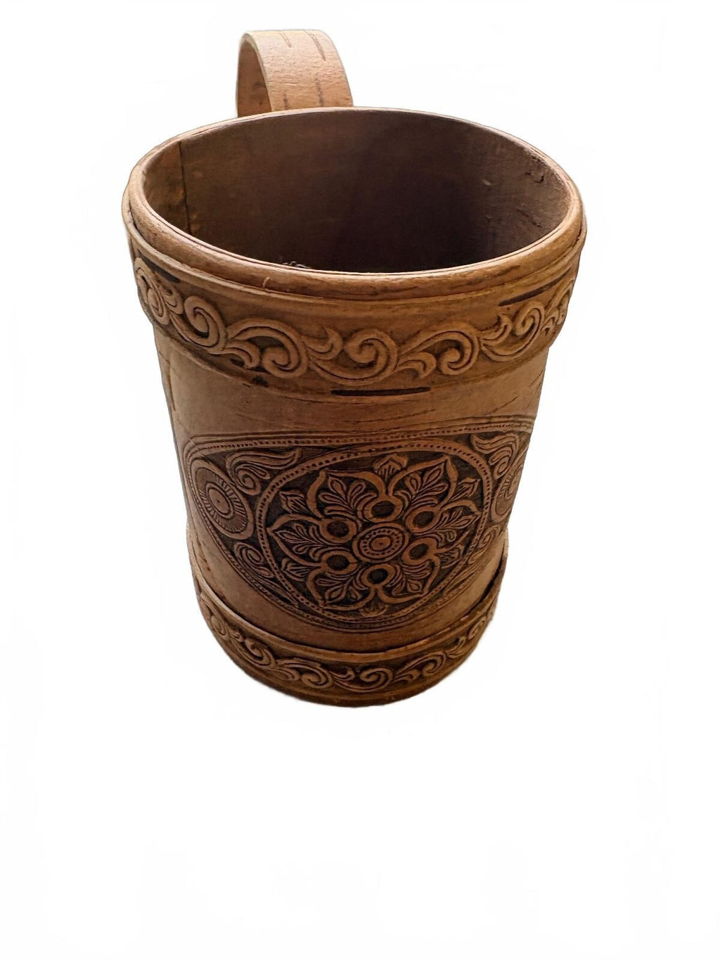 Handcrafted Russian Birch Bark Cup with Floral Carving
