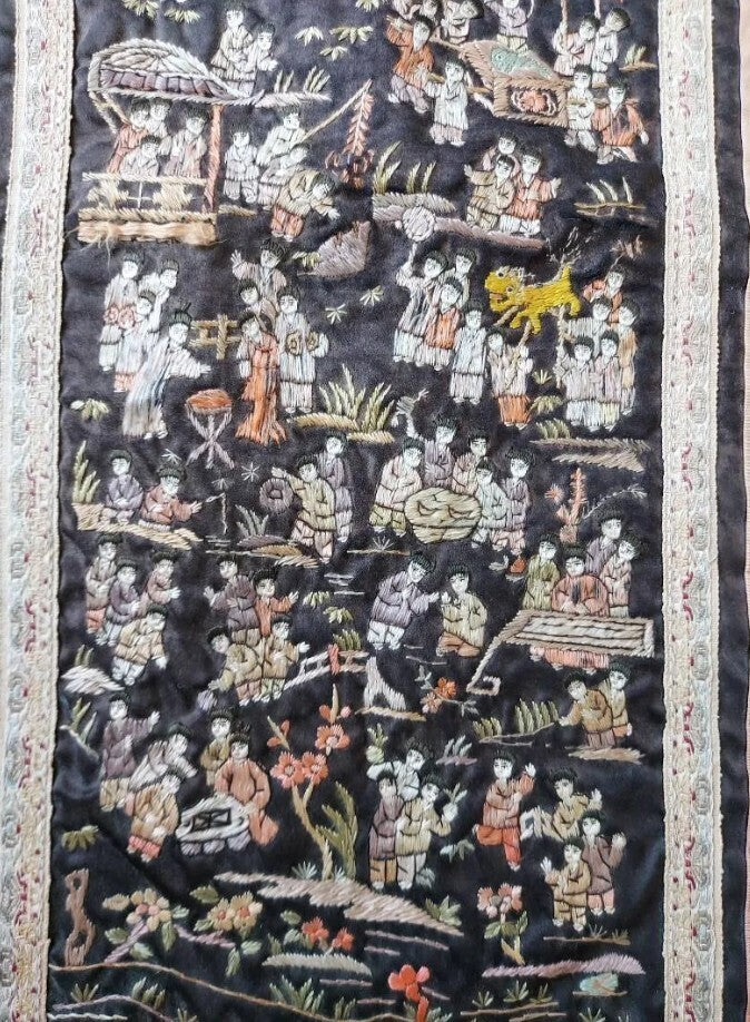 13 x 26" Antique Chinese Embroidered Silk Panel Depicting "100 Children" Motif