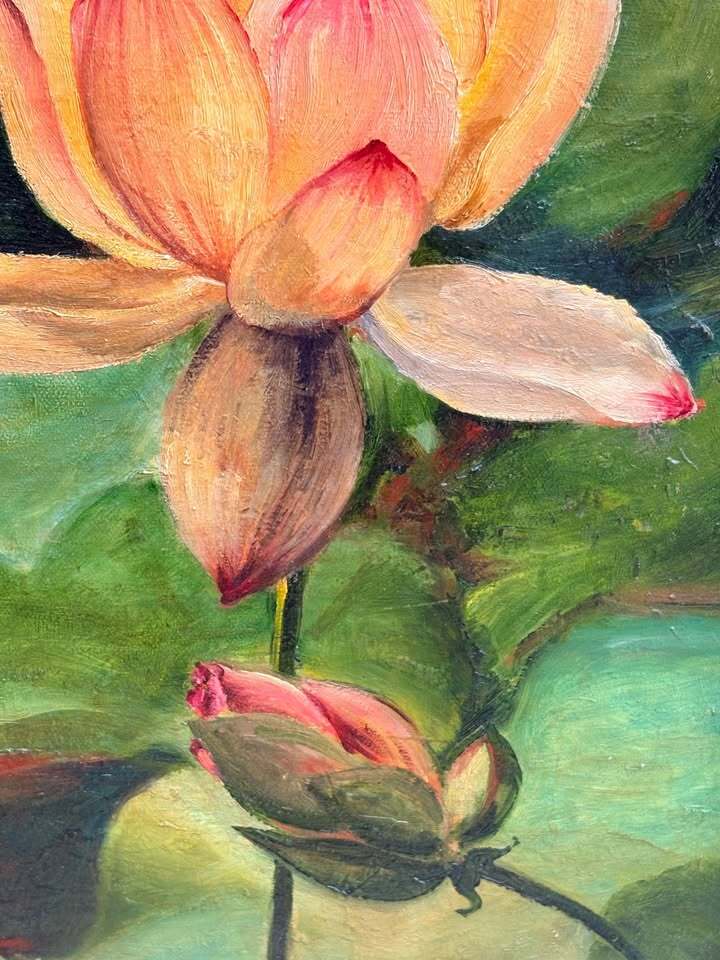 Vintage 11x14 Water Lily Floral Painting Framed Botanical Art