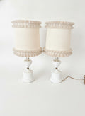 Mid Century Modern Milk Glass Table Lamps with Ruffled Silk Shades