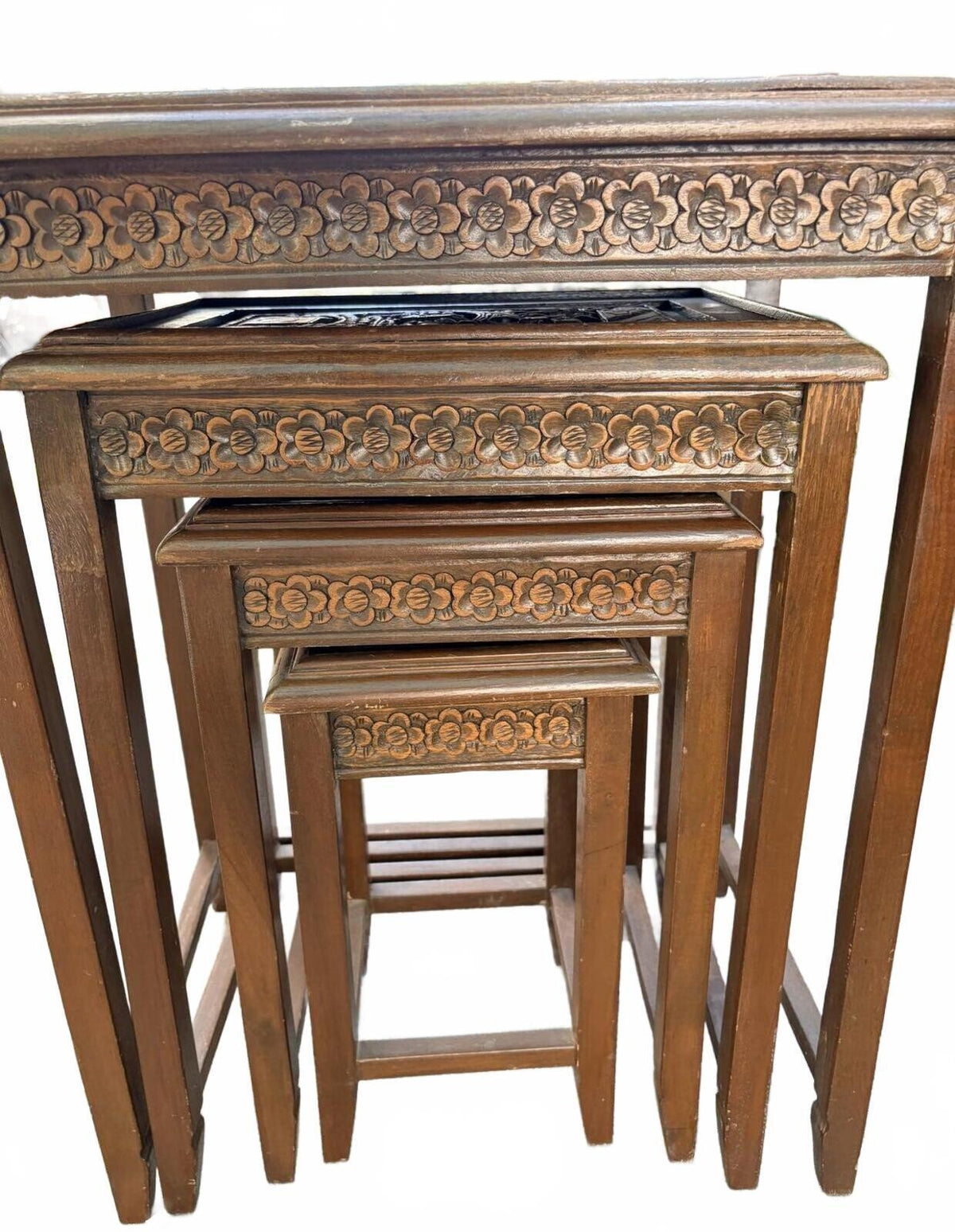 Vintage Hand Carved Chinese Wood Nesting Tables, Set of 4