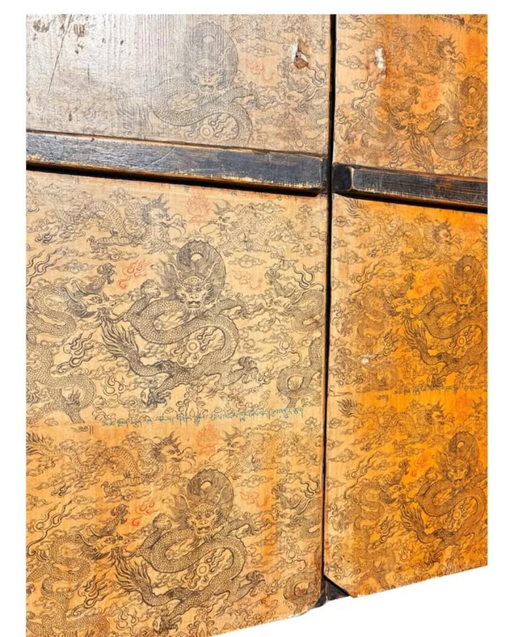Vintage Hand-Painted Asian Wood Cabinet with Warrior Motif and Red Accents