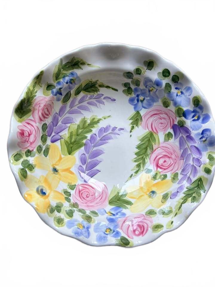 Tabletops Gallery Jardine Hand Painted Ceramic Pedestal Bowl and Plate Set