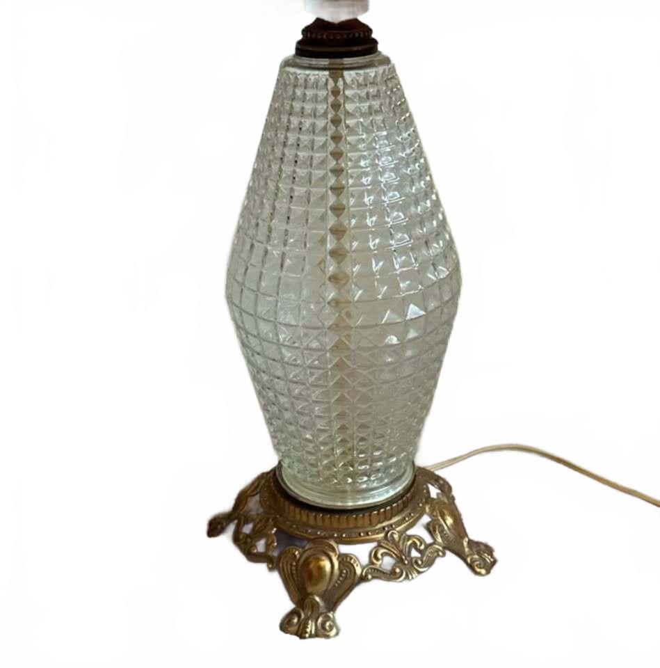 Vintage Glass Table Lamp with Pleated Taupe Shade and Ornate Brass Base