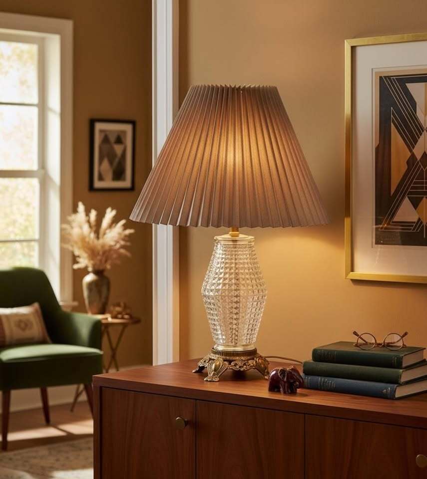 Vintage Glass Table Lamp with Pleated Taupe Shade and Ornate Brass Base
