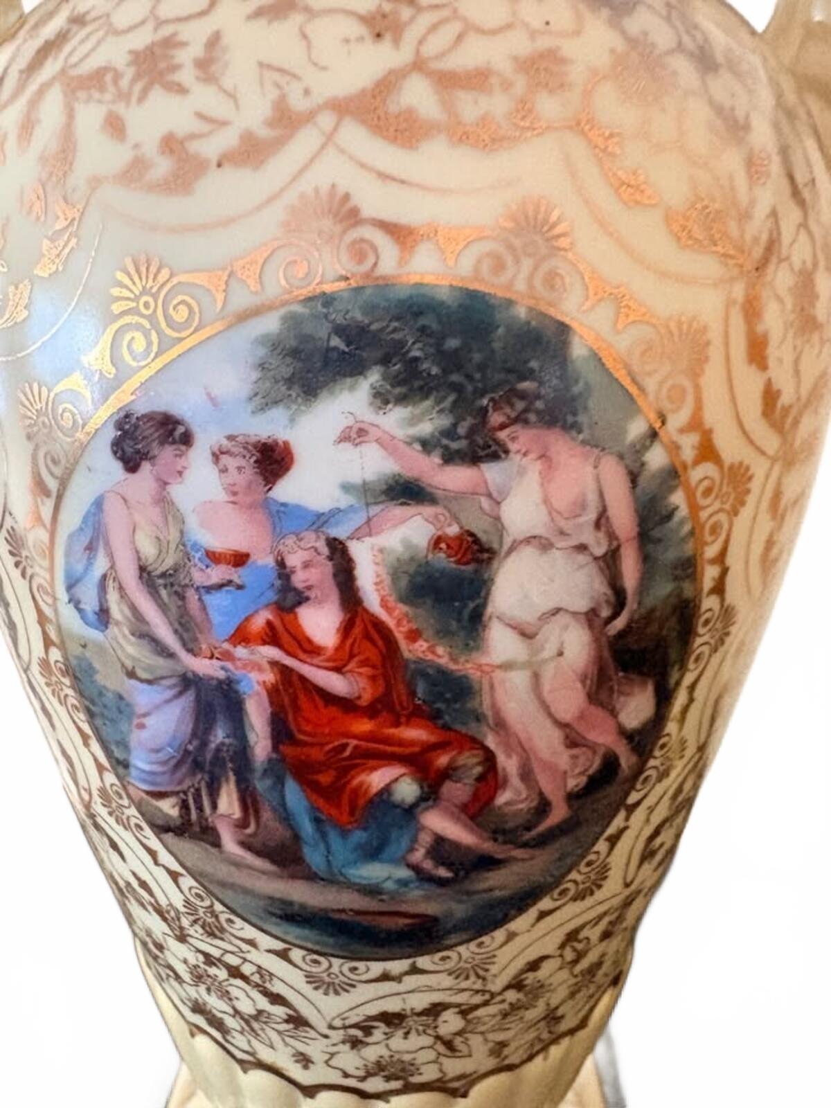 Vintage Ceramic Table Lamp with Classical Painted Scene and Ornate Floral Design