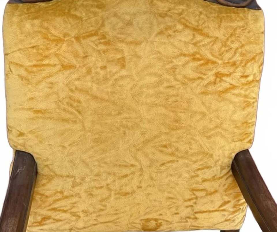 Vintage Upholstered Armchair with Carved Wood Frame and Yellow Velvet Fabric
