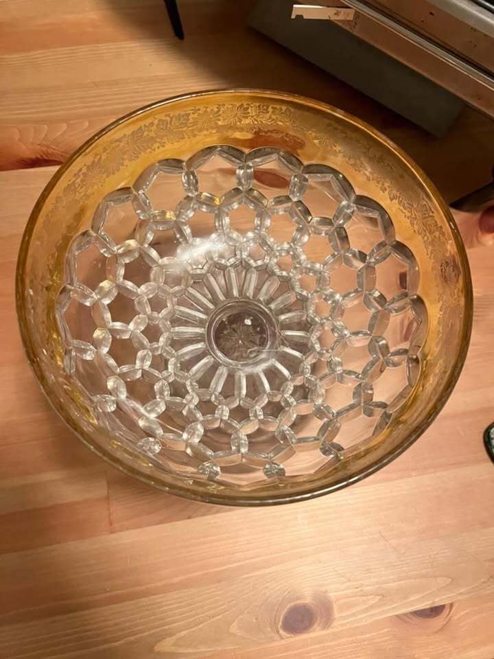 Clear Crystal Vintage Glass Pedestal Dish Yellow Rimmed Rare