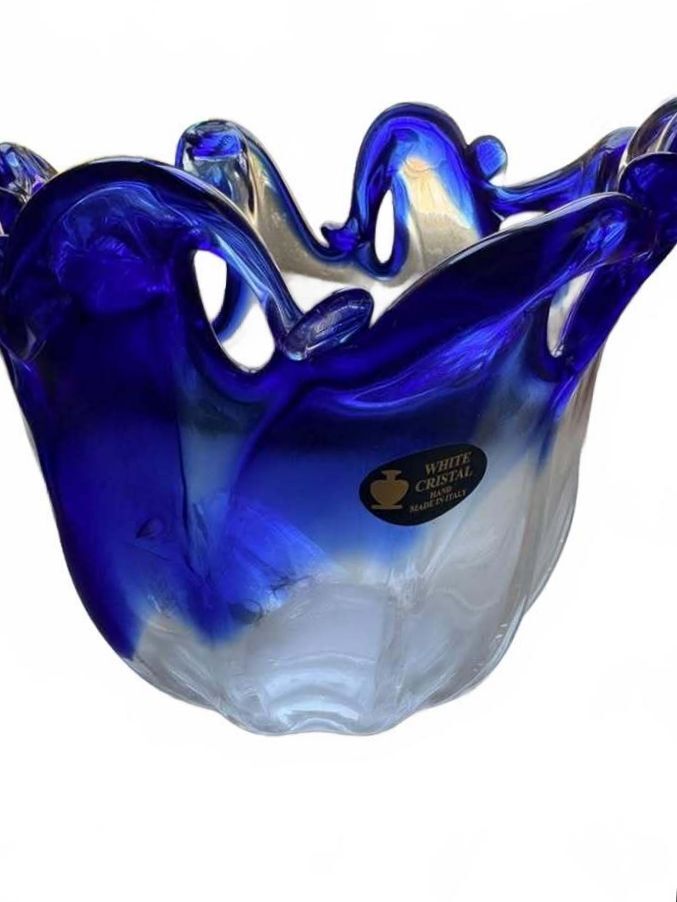 Vintage Cobalt Blue Hand Blown Murano Glass Sculptural Bowl Made in Italy