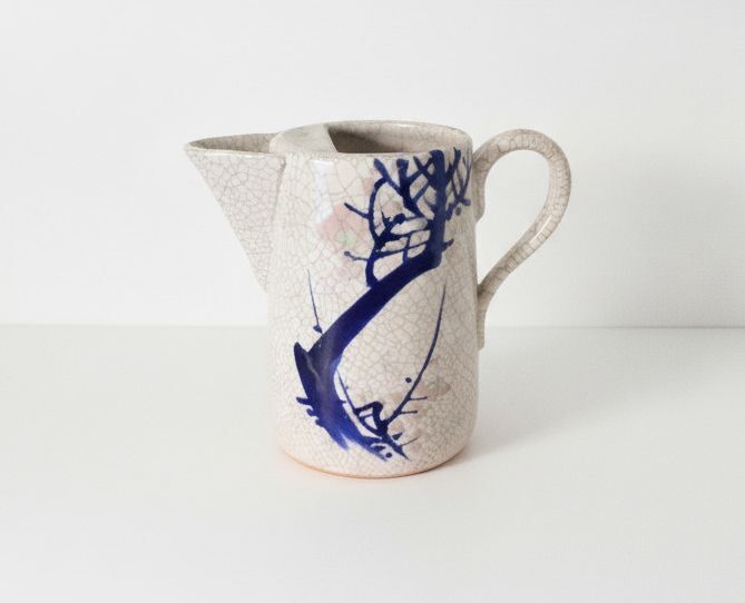 Vintage Ceramic Pitcher with Crackle Glaze and Blue Branch Design