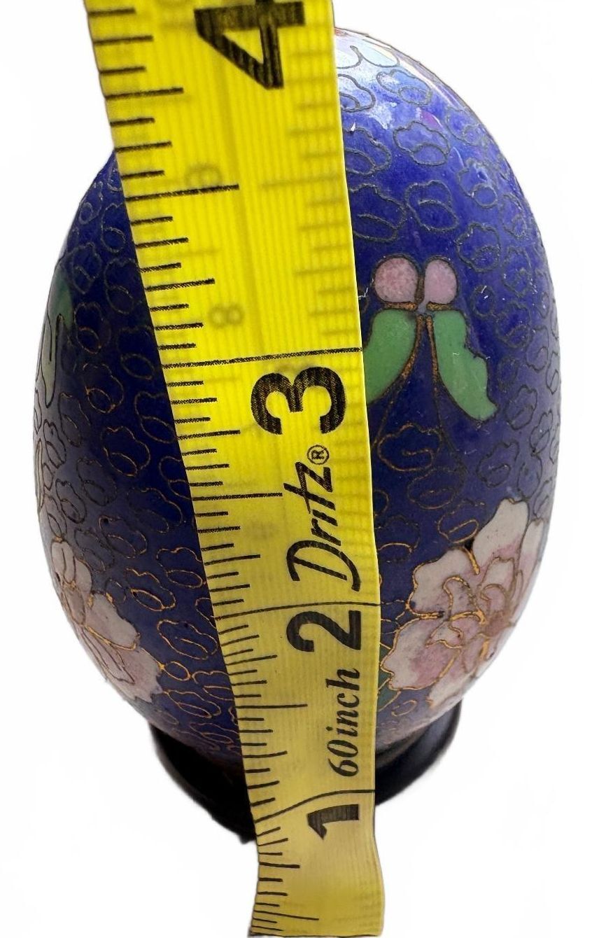 Vintage Cloisonné Enamel Floral Egg Ornament on Wooden Stand