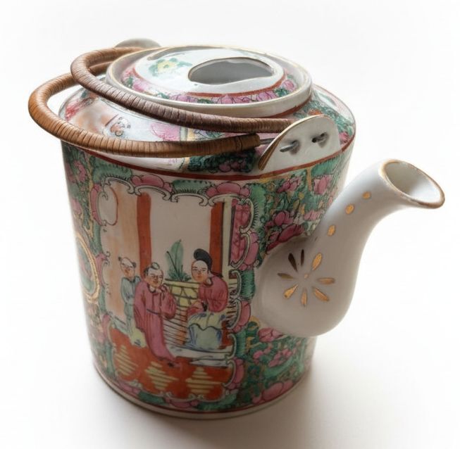 Vintage Chinese Porcelain Teapot with Hand-Painted Floral and Figure Motifs