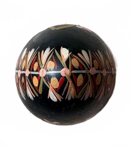 Vintage Hand-Painted Wooden Black Egg with Floral Motif and Stand