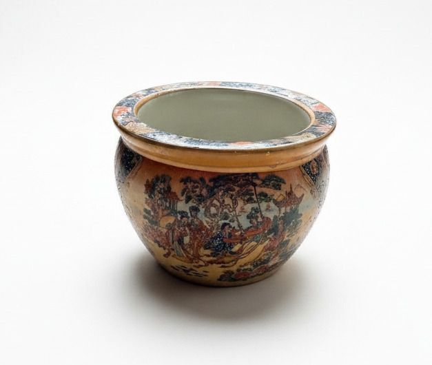 Vintage Japanese Satsuma Miniature Fishbowl Planter with Figural Scene