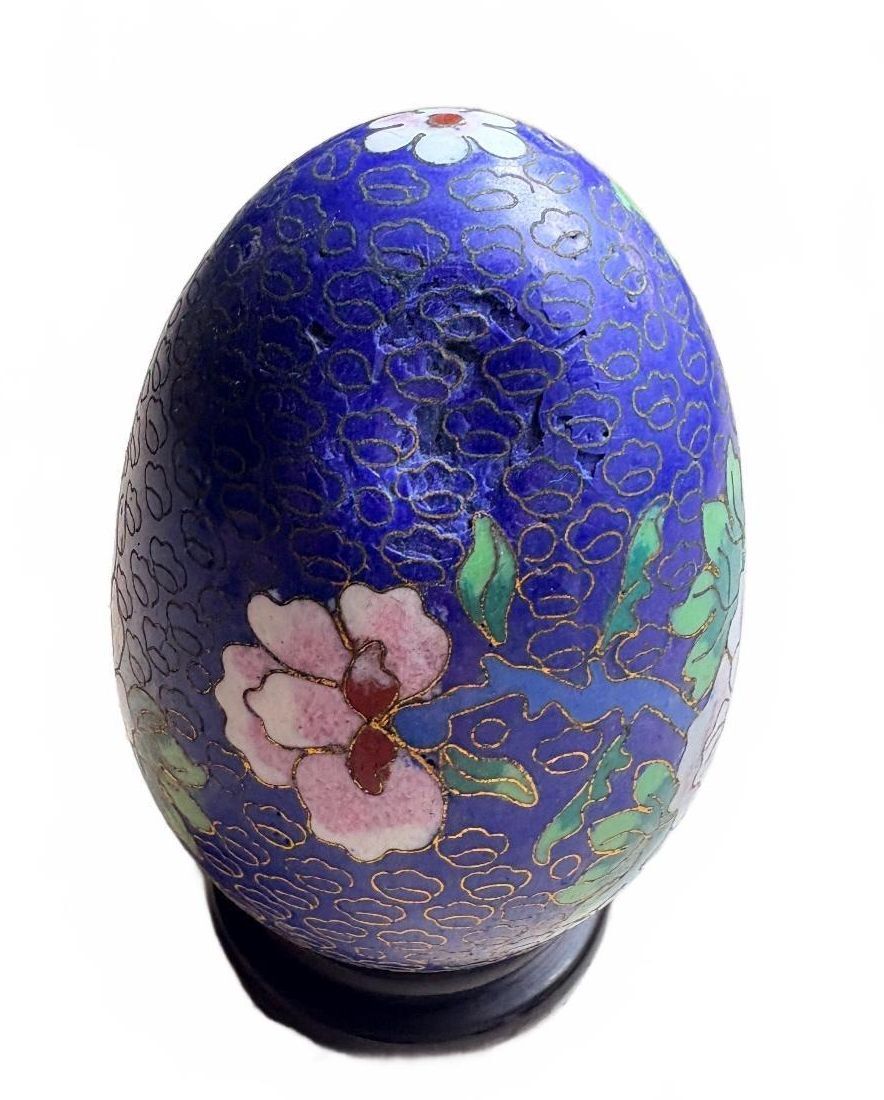 Vintage Cloisonné Enamel Floral Egg Ornament on Wooden Stand
