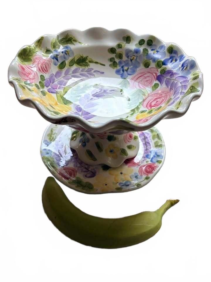Tabletops Gallery Jardine Hand Painted Ceramic Pedestal Bowl and Plate Set