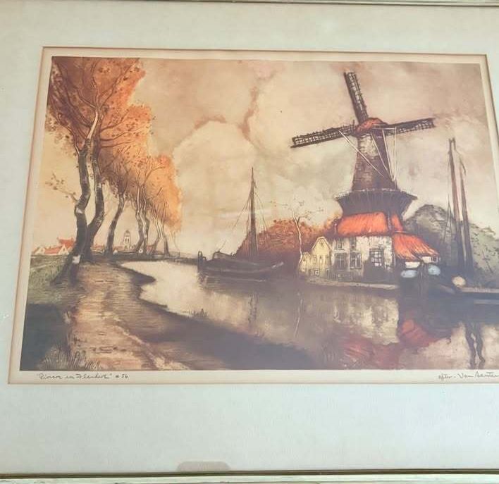 Vintage Signed 'Rivière en Flandre' Windmill Landscape Print After Van Aerten