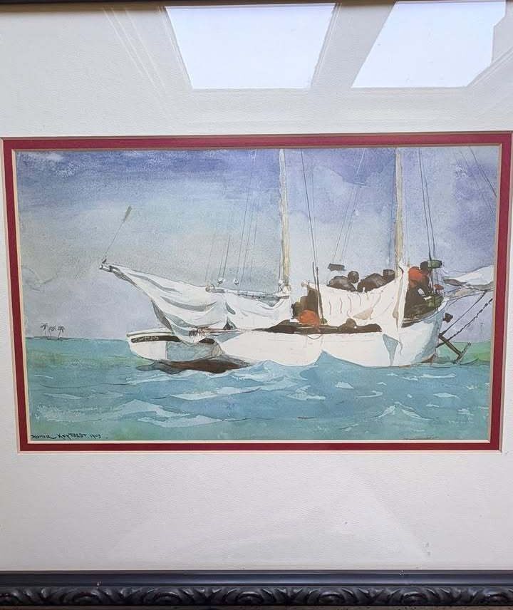 Vintage Signed Watercolor Sailboat Painting in Ornate Dark Wood Frame