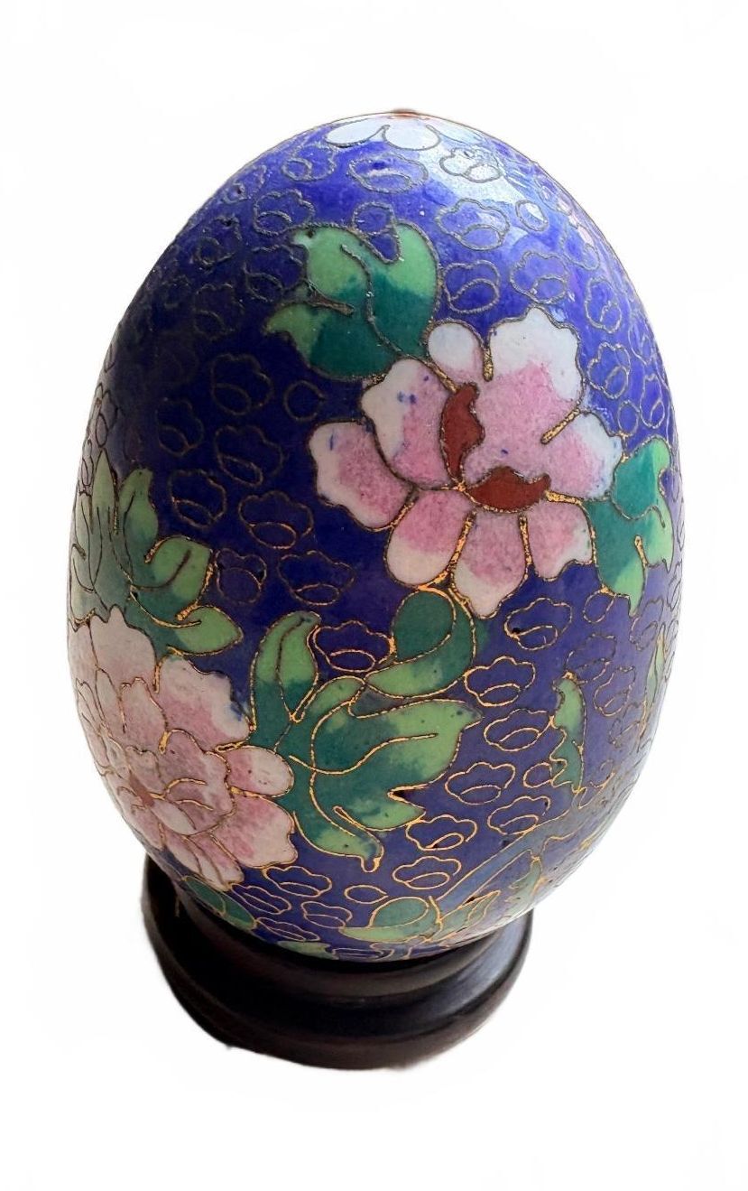 Vintage Cloisonné Enamel Floral Egg Ornament on Wooden Stand