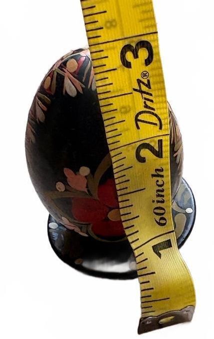 Vintage Hand-Painted Wooden Black Egg with Floral Motif and Stand