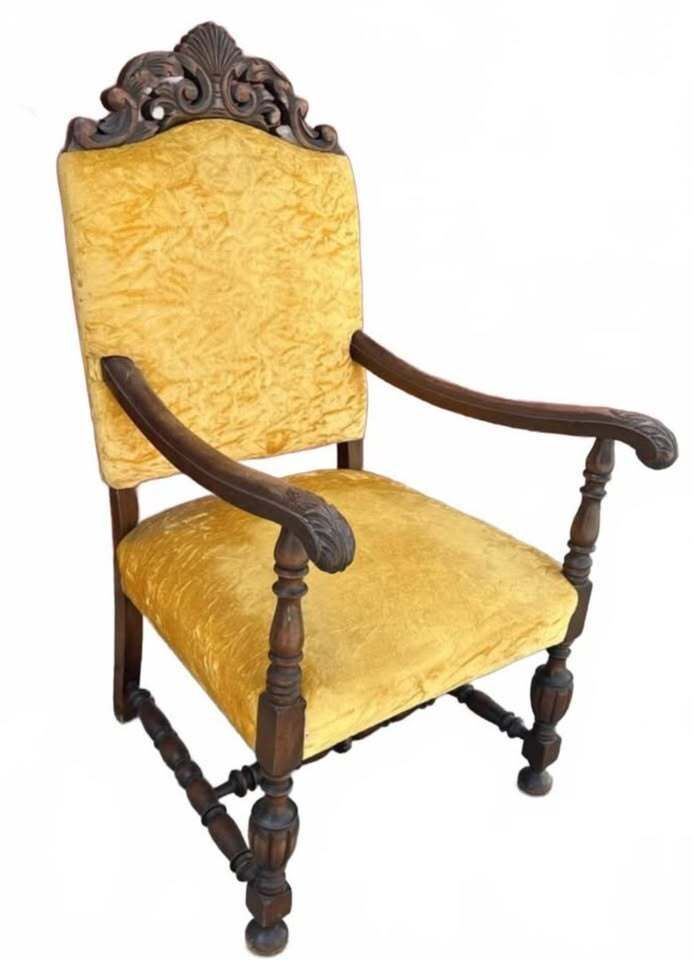 Vintage Upholstered Armchair with Carved Wood Frame and Yellow Velvet Fabric