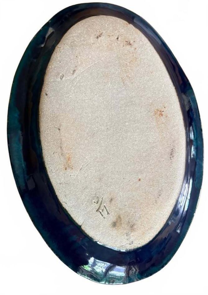 Vintage Ceramic Oval Serving Platter with Blue Crackle Glaze