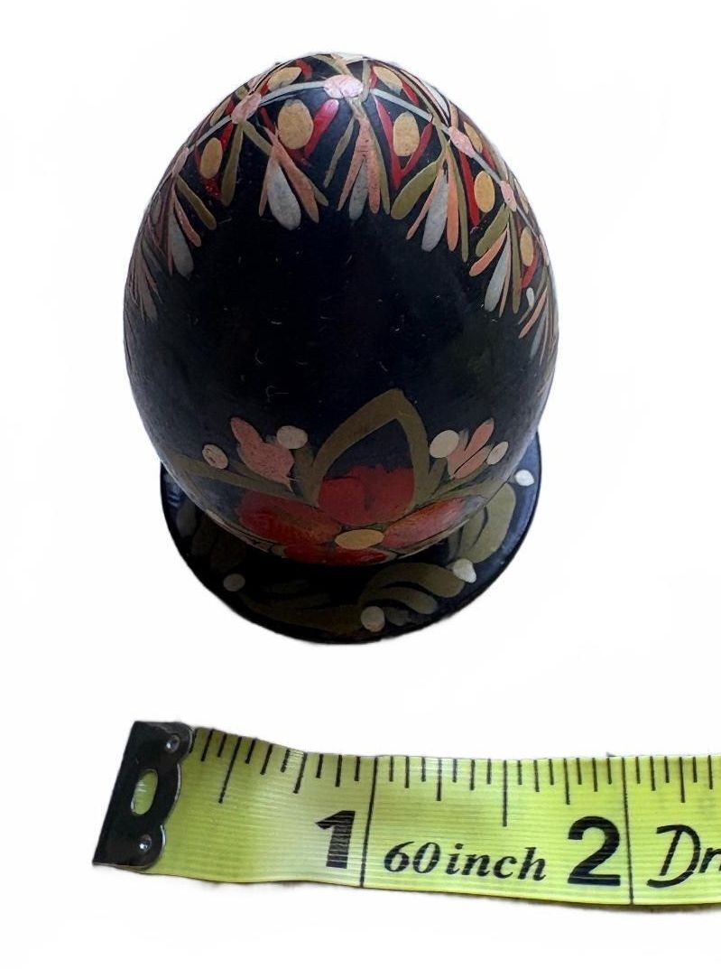 Vintage Hand-Painted Wooden Black Egg with Floral Motif and Stand