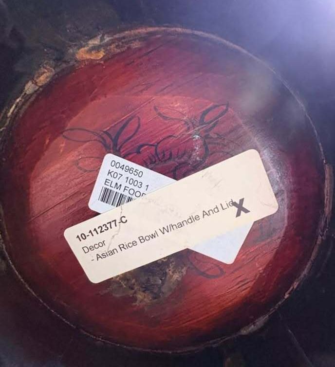 Asian Elm Wood Rice Bowl with Handle and Lid