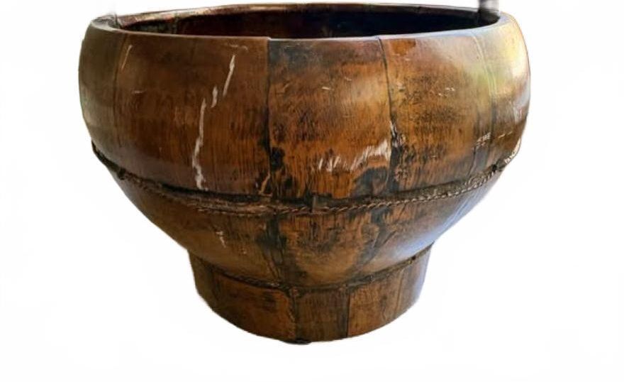 Asian Elm Wood Rice Bowl with Handle and Lid